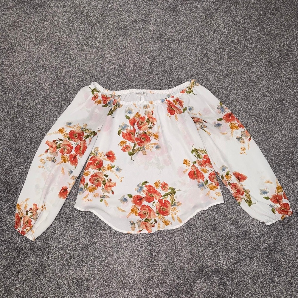 Forever 21 White Off-The-Shoulder 3/4 Sleeve Orange Floral Print Top Size Small